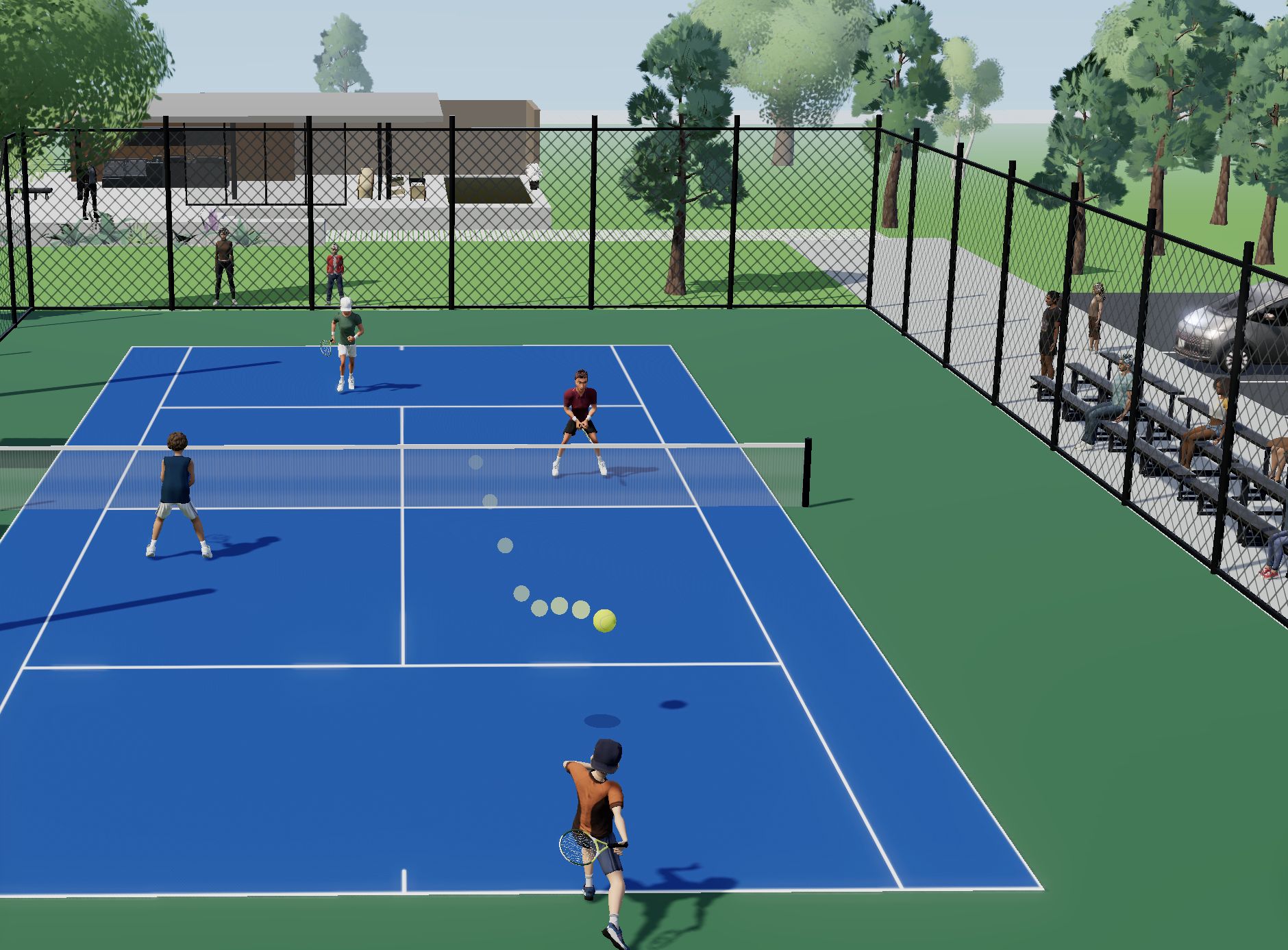 Live 3D broadcast — doubles rally at the club court