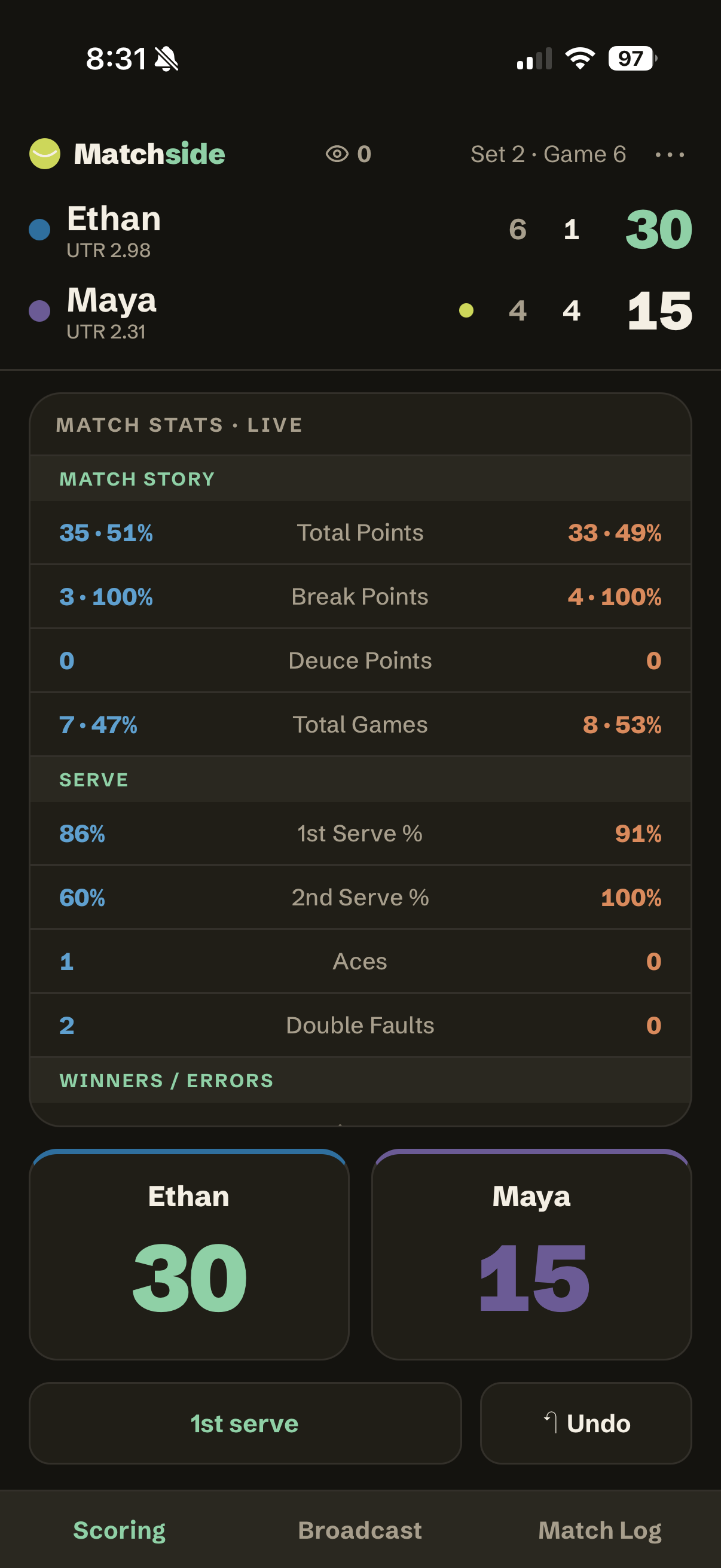 Matchside scoring screen (dark)
