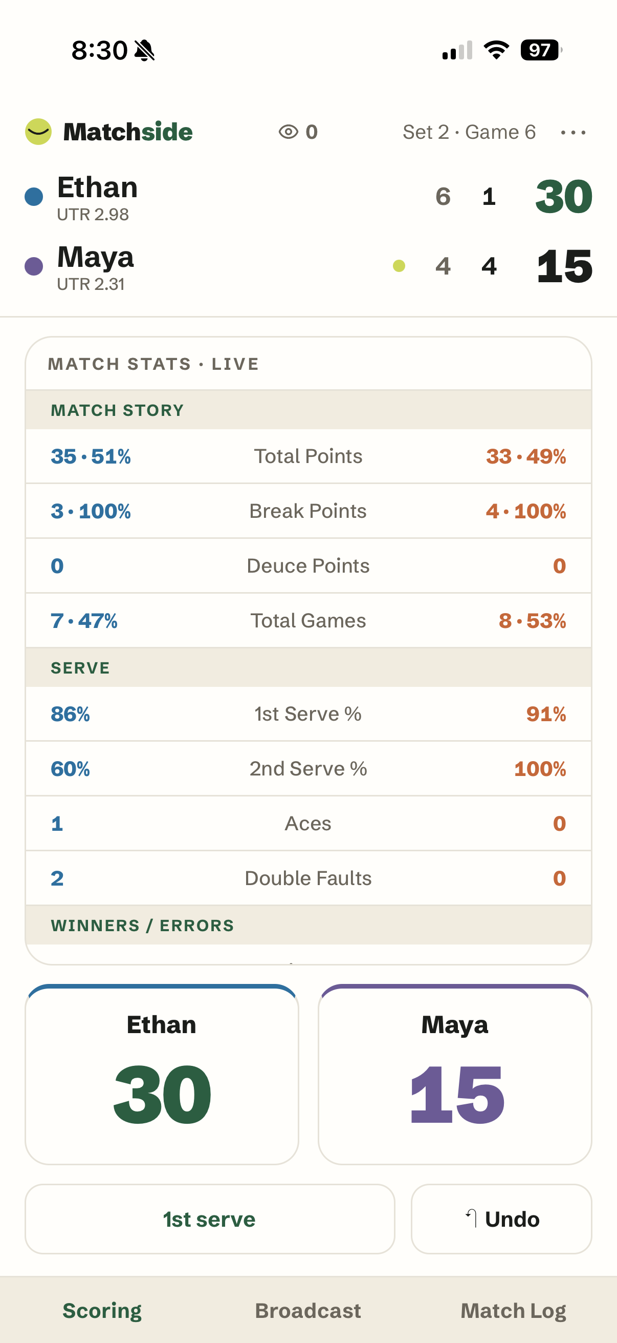 Matchside scoring screen