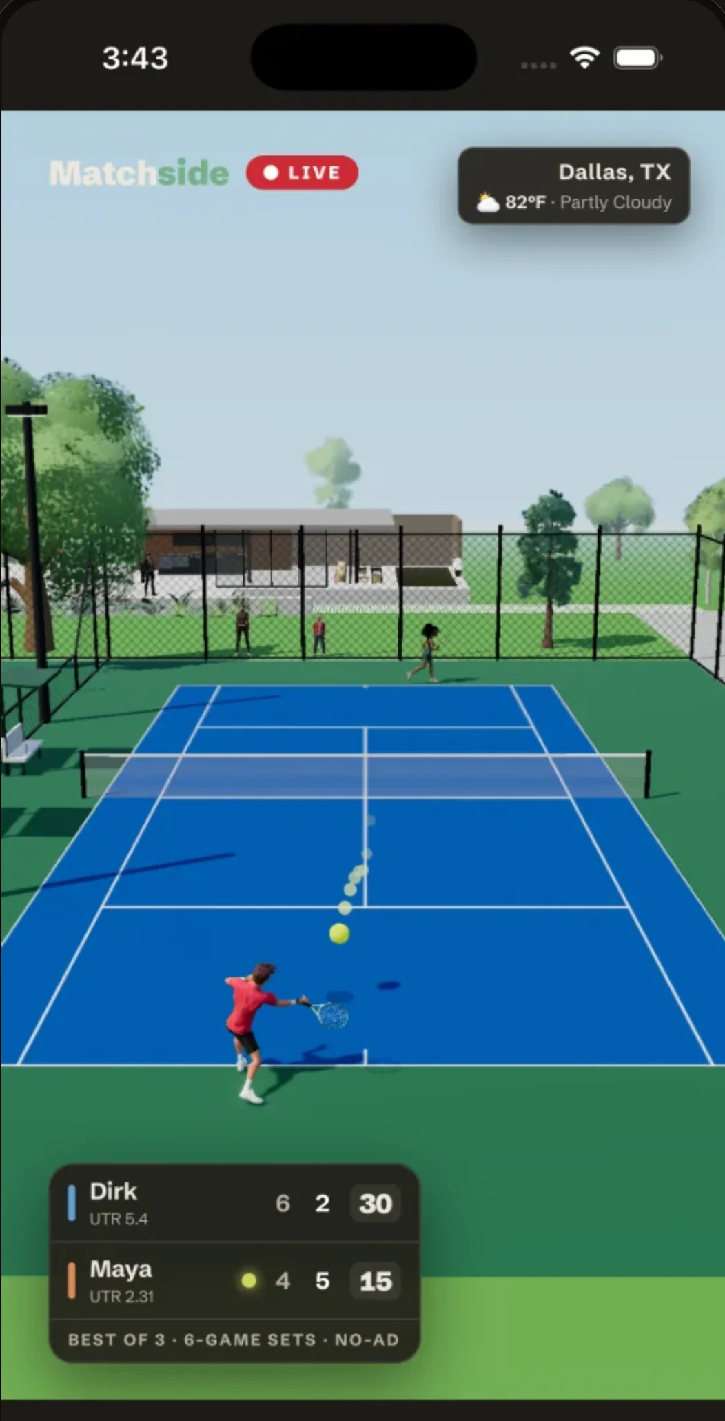 The live broadcast: a rally on the club court with the scorebug reading set two.