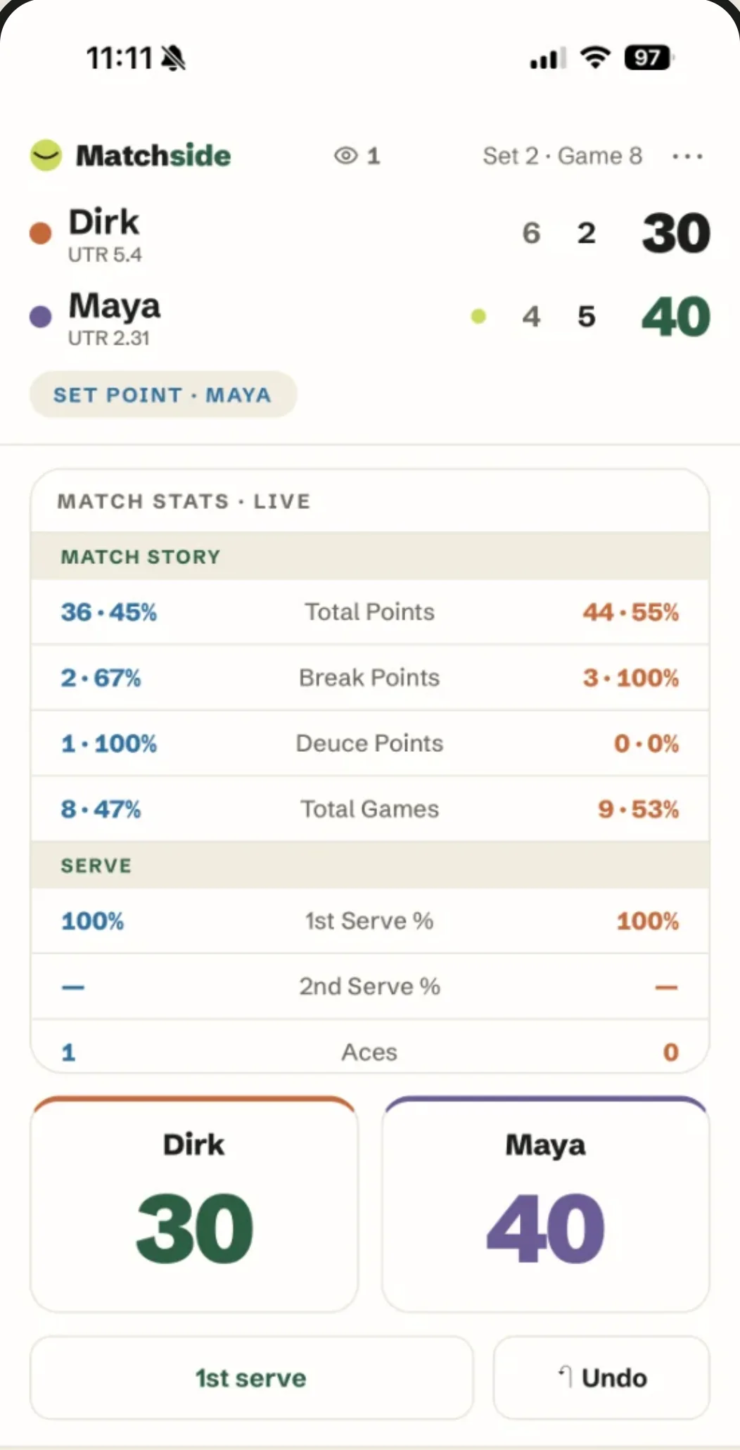 The Matchside scoring screen: two players, the live score, and the tap targets that win a point.