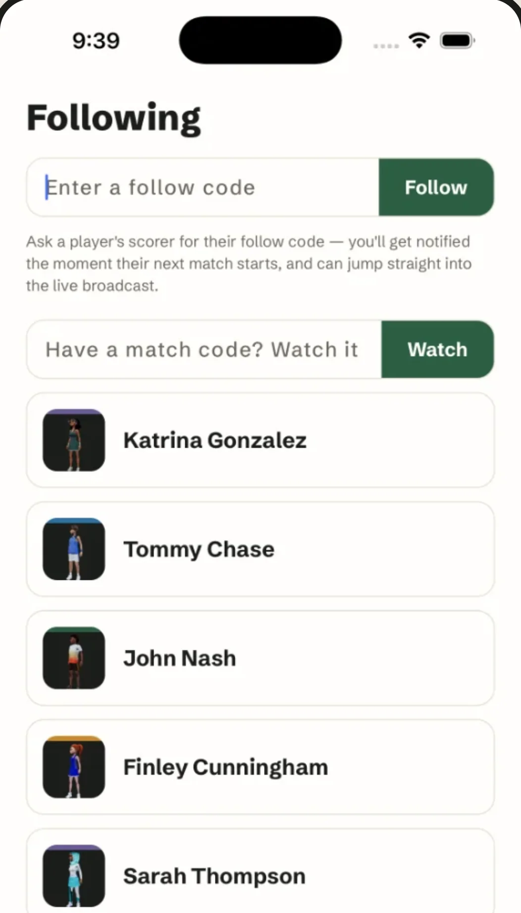 The Following tab: a follow code field and a list of followed players.